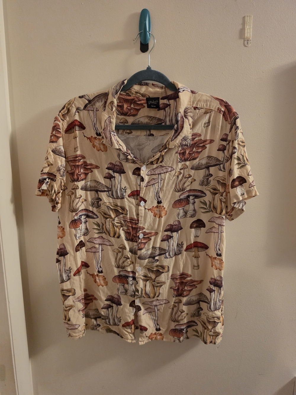 Philcos Brand Mushroom Print Short Sleeve Shirt - Beige Size M